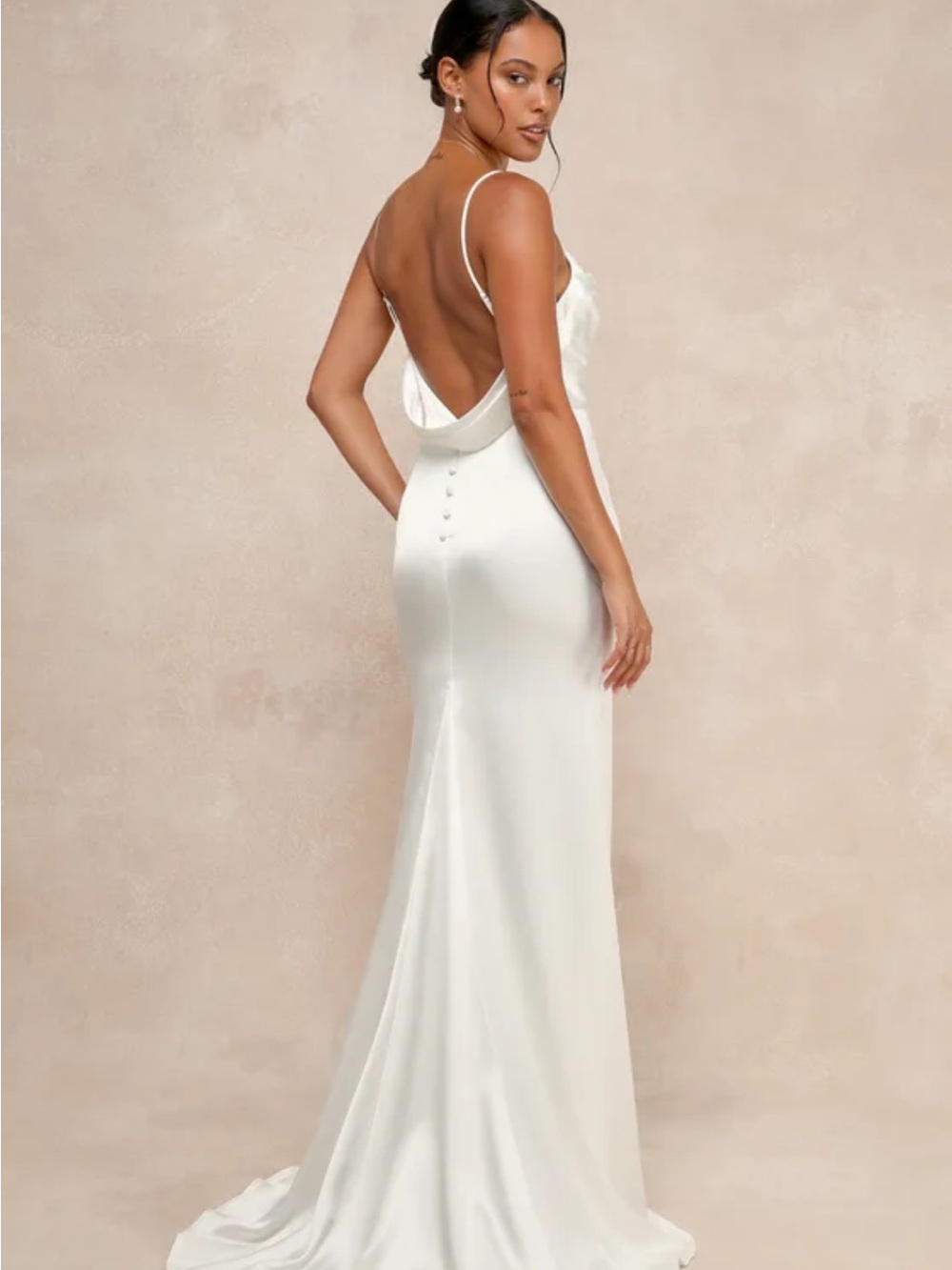Lulu's Ivory Satin Cowl-Back Slip Maxi Dress